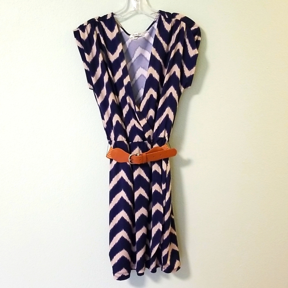 Corey P wrap dress size small, blue and tan chevron stripes